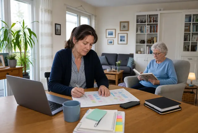 Eine berufstätige Angehörige plant am Laptop Unterlagen, während eine ältere Person im Hintergrund sitzt.