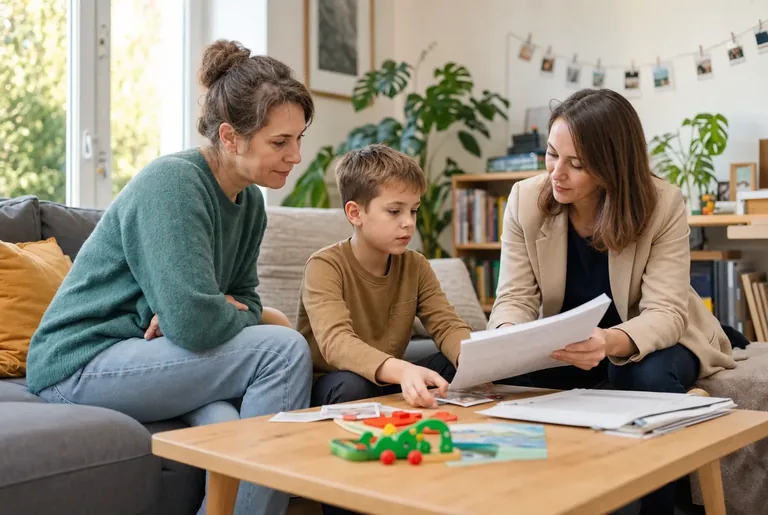 Pflege in einer Familie mit Kind organisieren Ein Kind und seine Mutter besprechen mit einer Beraterin Unterlagen zur Pflege und Unterstützung.