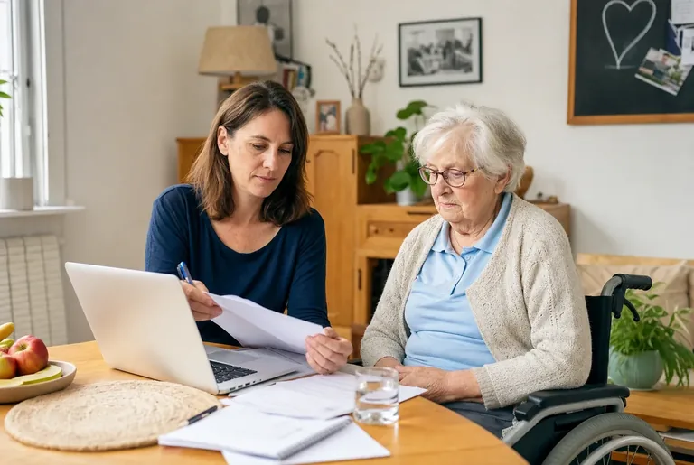 Eine Angehörige nutzt mit einer älteren Frau eine digitale Pflegeanwendung am Laptop.