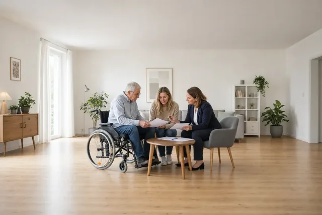 Pflege im Team koordinieren Eine pflegebedürftige Person im Rollstuhl bespricht mit zwei Fachpersonen die Versorgung.