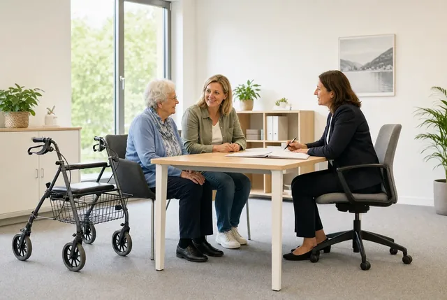 Ein älteres Paar bespricht Pflegeunterlagen mit einer Beraterin an einem Tisch.