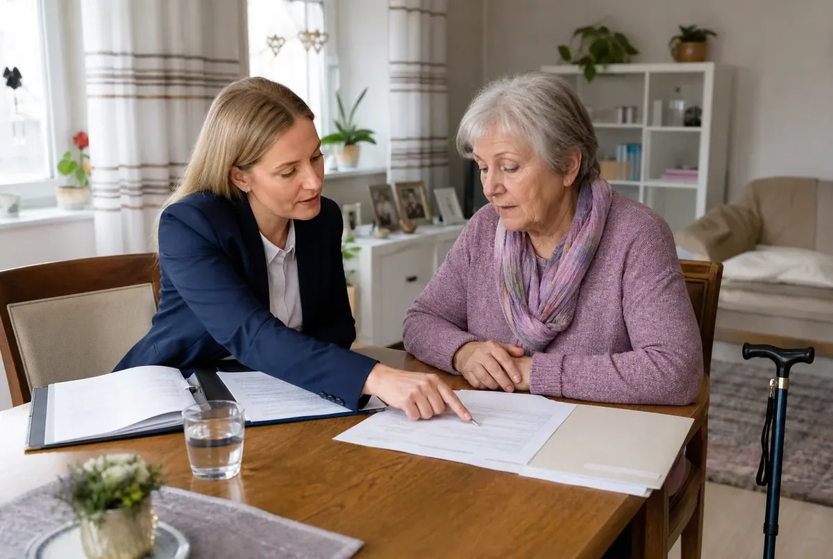 Eine jüngere Angehörige prüft mit einer älteren Frau Unterlagen zum Pflegegeld.