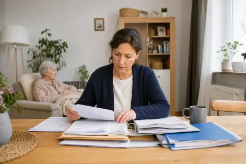 Arbeitslosenversicherung für Pflegepersonen – Unterlagen „Arbeitslosenversicherung für Pflegepersonen – Unterlagen“: Eine pflegende Angehörige prüft Unterlagen zur Vereinbarkeit von Beruf, Absicherung und Pflege.
