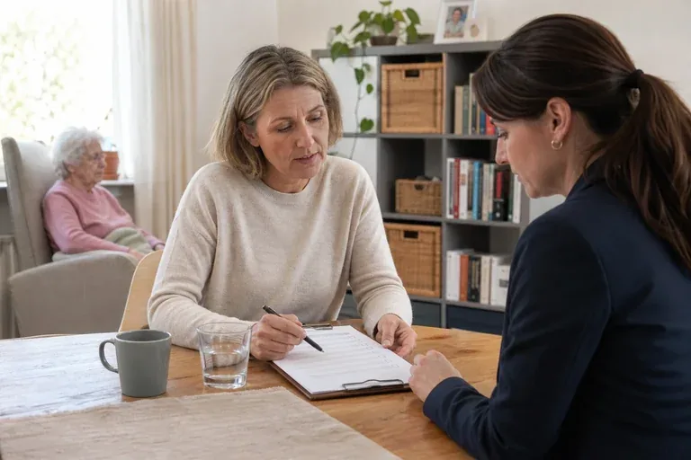 Arbeitslosenversicherung für Pflegepersonen – Voraussetzungen „Arbeitslosenversicherung für Pflegepersonen – Voraussetzungen“: Eine pflegende Angehörige prüft Unterlagen zur Vereinbarkeit von Beruf, Absicherung und Pflege.