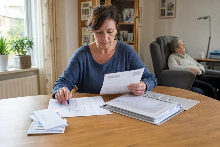 Arbeitslosenversicherung für Pflegepersonen – Fristen „Arbeitslosenversicherung für Pflegepersonen – Fristen“: Eine pflegende Angehörige prüft Unterlagen zur Vereinbarkeit von Beruf, Absicherung und Pflege.