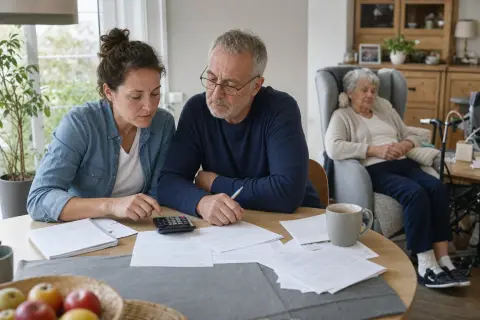Arbeitslosenversicherung für Pflegepersonen – Kosten „Arbeitslosenversicherung für Pflegepersonen – Kosten“: Eine pflegende Angehörige prüft Unterlagen zur Vereinbarkeit von Beruf, Absicherung und Pflege.