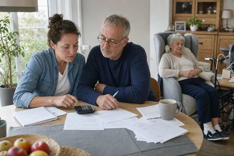 „Arbeitslosenversicherung für Pflegepersonen – Kosten“: Eine pflegende Angehörige prüft Unterlagen zur Vereinbarkeit von Beruf, Absicherung und Pflege.