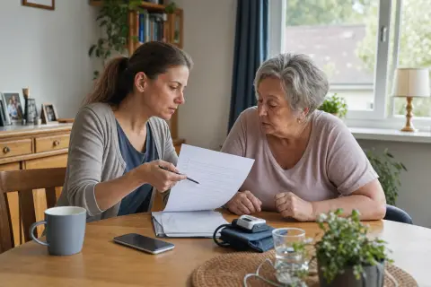 Kurzzeitige Arbeitsverhinderung – Voraussetzungen „Kurzzeitige Arbeitsverhinderung – Voraussetzungen“: Eine pflegende Angehörige prüft Unterlagen zur Vereinbarkeit von Beruf, Absicherung und Pflege.