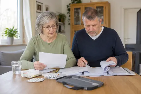 Arztbrief und Medikamentenplan – Unterlagen „Arztbrief und Medikamentenplan – Unterlagen“: Eine Angehörige und eine pflegebedürftige Person ordnen gemeinsam medizinische Unterlagen und Hilfsmittel.