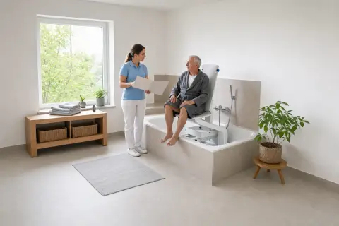 Badewannenlifter – Antrag „Badewannenlifter – Antrag“: Eine Pflegefachperson erklärt einer pflegebedürftigen Person ein Hilfsmittel im barrierearmen Badezimmer.