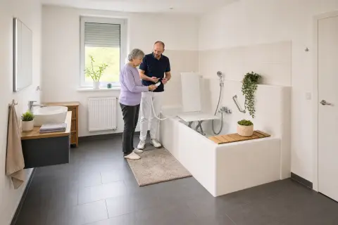 Badewannenlifter – Voraussetzungen „Badewannenlifter – Voraussetzungen“: Eine Pflegefachperson erklärt einer pflegebedürftigen Person ein Hilfsmittel im barrierearmen Badezimmer.