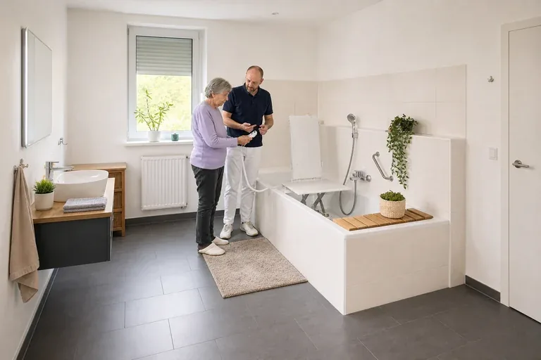 „Badewannenlifter – Voraussetzungen“: Eine Pflegefachperson erklärt einer pflegebedürftigen Person ein Hilfsmittel im barrierearmen Badezimmer.