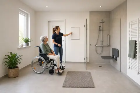Barrierefreies Bad – Fristen „Barrierefreies Bad – Fristen“: Eine Pflegefachperson erklärt einer pflegebedürftigen Person ein Hilfsmittel im barrierearmen Badezimmer.