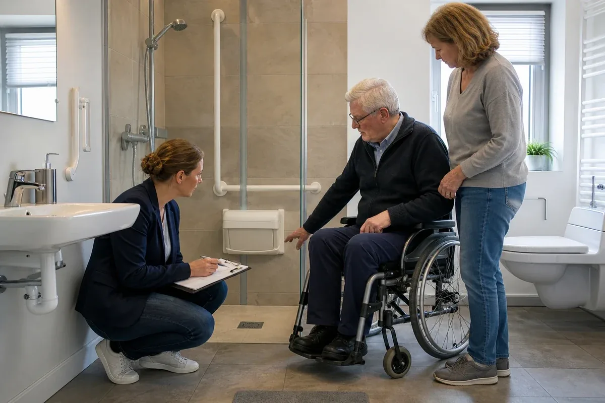 Barrierefreies Bad – Voraussetzungen „Barrierefreies Bad – Voraussetzungen“: Eine Pflegefachperson erklärt einer pflegebedürftigen Person ein Hilfsmittel im barrierearmen Badezimmer.