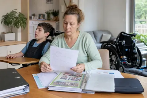 Pflegebegutachtung bei Kindern – Antrag „Pflegebegutachtung bei Kindern – Antrag“: Eltern und eine Fachberaterin besprechen zu Hause die Unterstützung eines pflegebedürftigen Kindes.