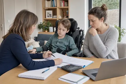 Pflegebegutachtung bei Kindern – Kosten „Pflegebegutachtung bei Kindern – Kosten“: Eltern und eine Fachberaterin besprechen zu Hause die Unterstützung eines pflegebedürftigen Kindes.