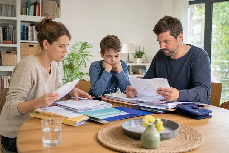 Pflegebegutachtung bei Kindern – Unterlagen „Pflegebegutachtung bei Kindern – Unterlagen“: Eltern und eine Fachberaterin besprechen zu Hause die Unterstützung eines pflegebedürftigen Kindes.