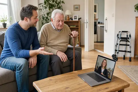 „Pflegebegutachtung per Videotelefonie – Voraussetzungen“: Eine Angehörige und eine pflegebedürftige Person prüfen gemeinsam Pflegeunterlagen an einem Tisch.