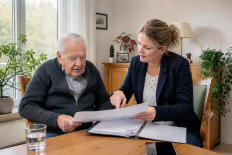 Beratungsbesuch bei Pflegegeld: Fristen und Ablauf „Beratungsbesuch bei Pflegegeld: Fristen und Ablauf“: Angehörige und eine pflegebedürftige Person besprechen gemeinsam die Organisation des Pflegealltags.