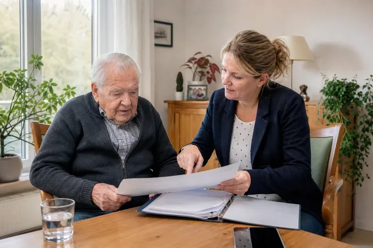 „Beratungsbesuch bei Pflegegeld: Fristen und Ablauf“: Angehörige und eine pflegebedürftige Person besprechen gemeinsam die Organisation des Pflegealltags.