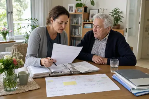 Alltag mit Demenz organisieren – Fristen „Alltag mit Demenz organisieren – Fristen“: Eine Angehörige bespricht mit einer älteren Person wichtige Unterlagen und Entscheidungen für den Pflegealltag.