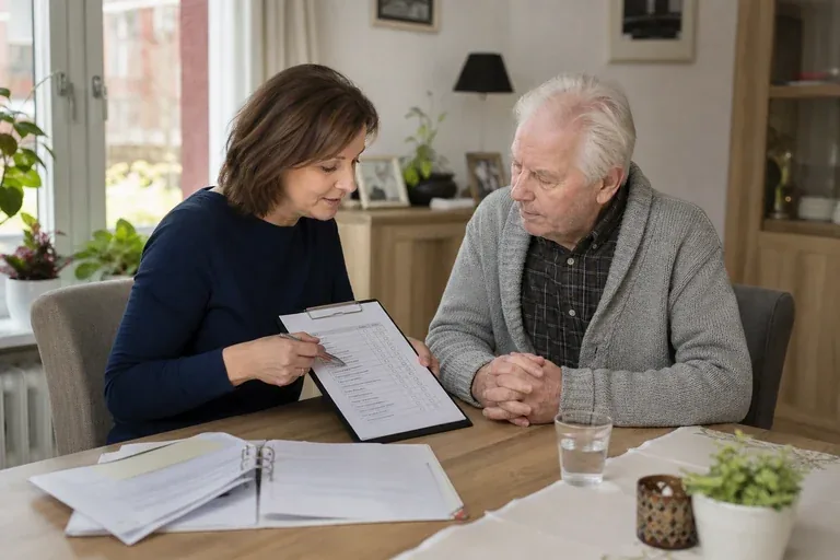 Alltag mit Demenz organisieren – Voraussetzungen „Alltag mit Demenz organisieren – Voraussetzungen“: Eine Angehörige bespricht mit einer älteren Person wichtige Unterlagen und Entscheidungen für den Pflegealltag.