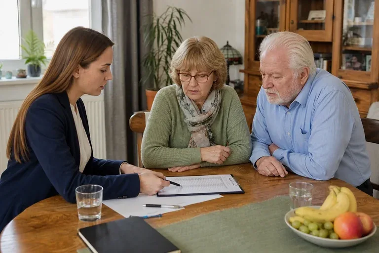 Demenzberatung – Voraussetzungen „Demenzberatung – Voraussetzungen“: Eine Angehörige bespricht mit einer älteren Person wichtige Unterlagen und Entscheidungen für den Pflegealltag.