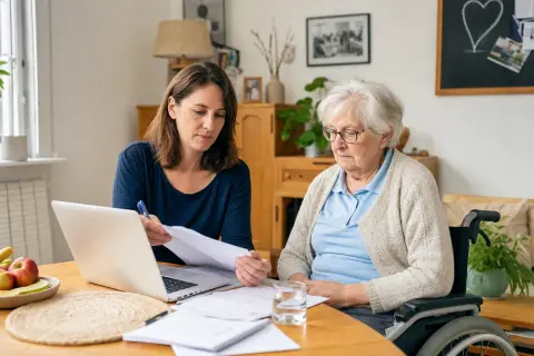 Digitale Pflegeanwendungen – Antrag „Digitale Pflegeanwendungen – Antrag“: Eine Angehörige und eine pflegebedürftige Person prüfen gemeinsam Pflegeunterlagen an einem Tisch.