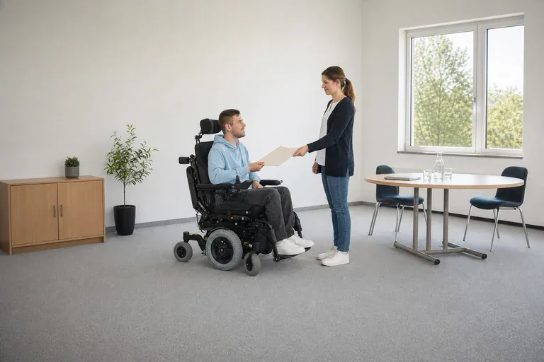 Eingliederungshilfe – Antrag „Eingliederungshilfe – Antrag“: Eine Angehörige und eine pflegebedürftige Person prüfen gemeinsam Pflegeunterlagen an einem Tisch.