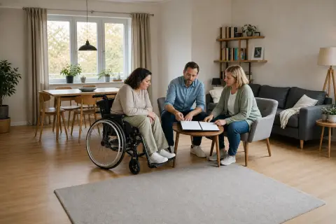 „Eingliederungshilfe und Pflegeleistungen zusammendenken“: Angehörige und eine pflegebedürftige Person besprechen gemeinsam die Organisation des Pflegealltags.