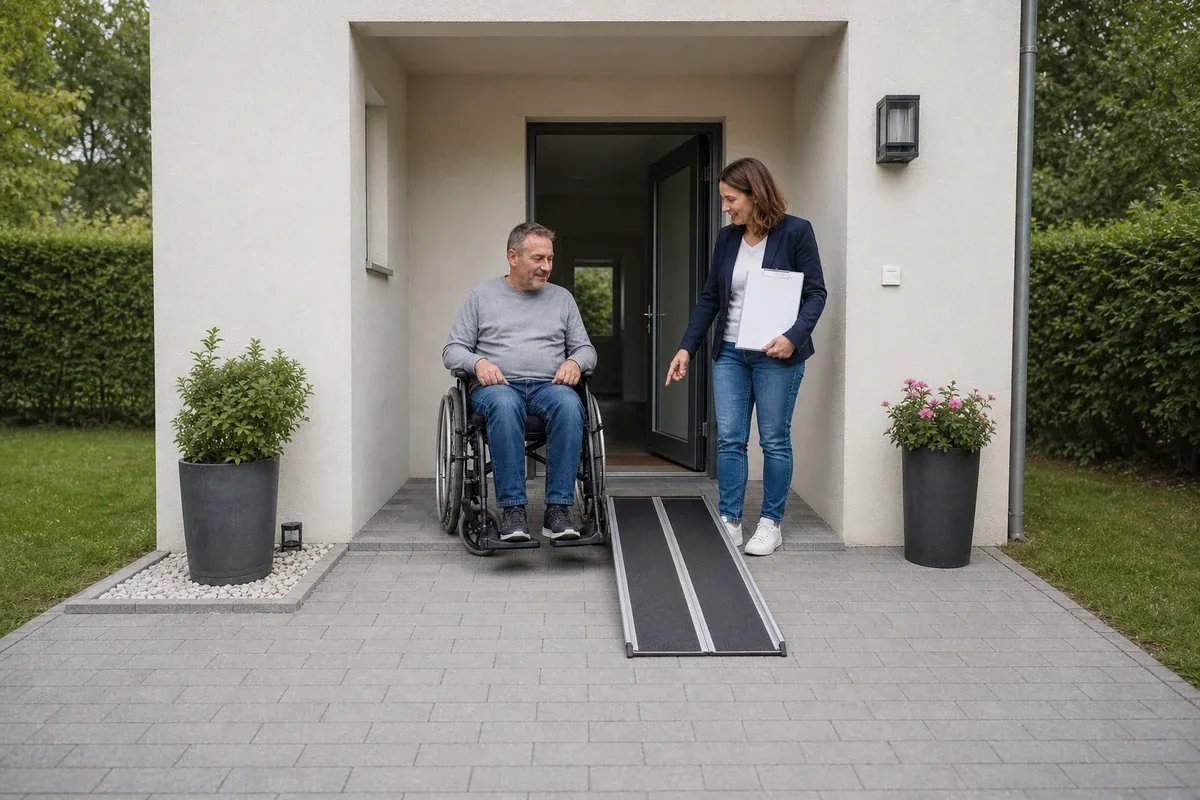 „Eingliederungshilfe – Voraussetzungen“: Eine Angehörige und eine pflegebedürftige Person prüfen gemeinsam Pflegeunterlagen an einem Tisch.