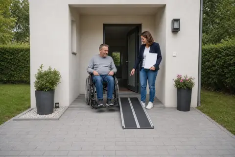 „Eingliederungshilfe – Voraussetzungen“: Eine Angehörige und eine pflegebedürftige Person prüfen gemeinsam Pflegeunterlagen an einem Tisch.