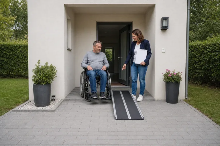 „Eingliederungshilfe – Voraussetzungen“: Eine Angehörige und eine pflegebedürftige Person prüfen gemeinsam Pflegeunterlagen an einem Tisch.