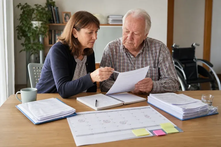 Einrichtungseinheitlicher Eigenanteil – Fristen „Einrichtungseinheitlicher Eigenanteil – Fristen“: Angehörige und eine ältere Person vergleichen Unterlagen zur stationären Pflege und deren Finanzierung.