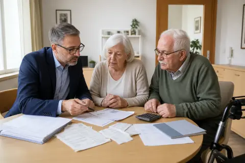 Einrichtungseinheitlicher Eigenanteil – Kosten „Einrichtungseinheitlicher Eigenanteil – Kosten“: Angehörige und eine ältere Person vergleichen Unterlagen zur stationären Pflege und deren Finanzierung.