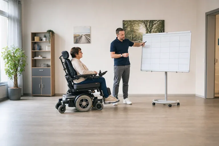 „Elektrorollstuhl – Fristen“: Eine Pflegefachperson und eine pflegebedürftige Person besprechen gemeinsam eine Mobilitätshilfe.