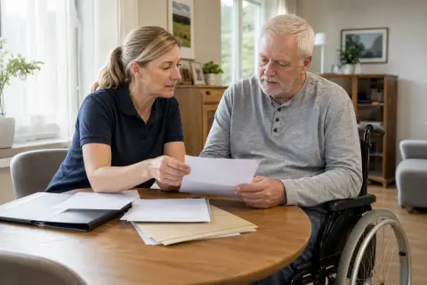 Entlassmanagement – Antrag „Entlassmanagement – Antrag“: Eine Pflegefachperson bespricht mit einer pflegebedürftigen Person die weitere Versorgung nach einer Behandlung.