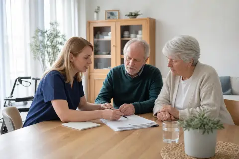 Entlassmanagement: Pflege nach dem Krankenhaus sichern „Entlassmanagement: Pflege nach dem Krankenhaus sichern“: Eine Pflegefachperson bespricht mit einer pflegebedürftigen Person die weitere Versorgung nach einer Behandlung.