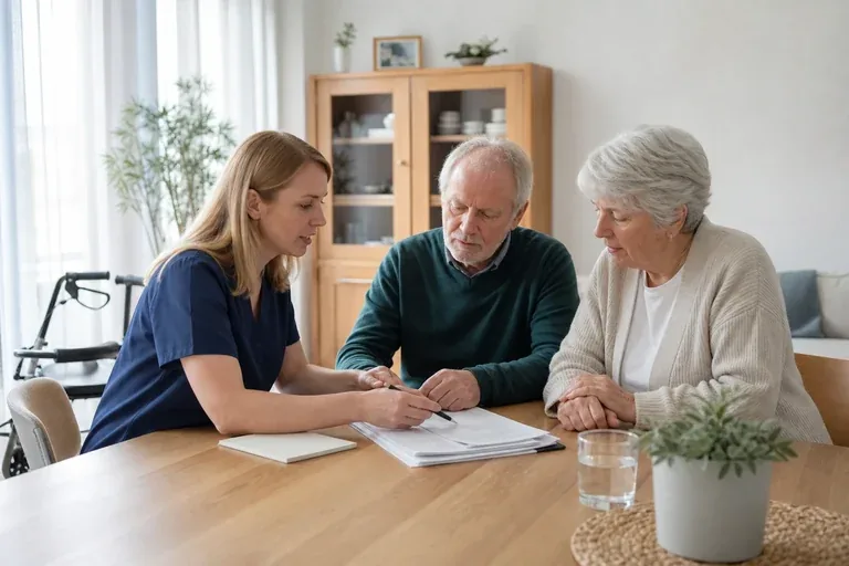 „Entlassmanagement: Pflege nach dem Krankenhaus sichern“: Eine Pflegefachperson bespricht mit einer pflegebedürftigen Person die weitere Versorgung nach einer Behandlung.