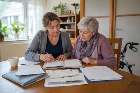 „Entlastungsbetrag – Fristen“: Eine Angehörige und eine pflegebedürftige Person prüfen gemeinsam Pflegeunterlagen an einem Tisch.