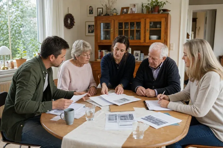 „Pflegeaufgaben in der Familie – Antrag“: Eine Angehörige und eine pflegebedürftige Person prüfen gemeinsam Pflegeunterlagen an einem Tisch.