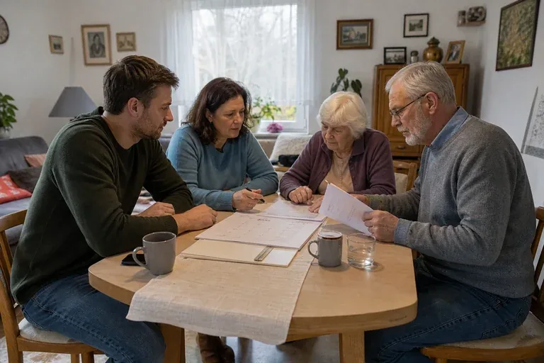 „Pflegeaufgaben in der Familie – Fristen“: Eine Angehörige und eine pflegebedürftige Person prüfen gemeinsam Pflegeunterlagen an einem Tisch.
