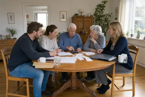 „Pflegeaufgaben in der Familie – Kosten“: Eine Angehörige und eine pflegebedürftige Person prüfen gemeinsam Pflegeunterlagen an einem Tisch.