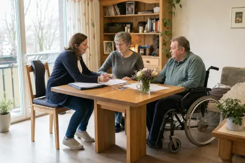 „Familienentlastender Dienst – Antrag“: Eltern und eine Fachberaterin besprechen zu Hause die Unterstützung eines pflegebedürftigen Kindes.