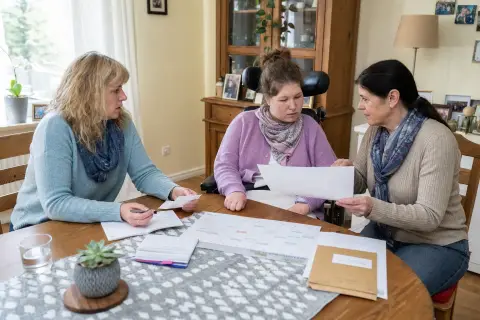 „Familienentlastender Dienst – Fristen“: Eltern und eine Fachberaterin besprechen zu Hause die Unterstützung eines pflegebedürftigen Kindes.