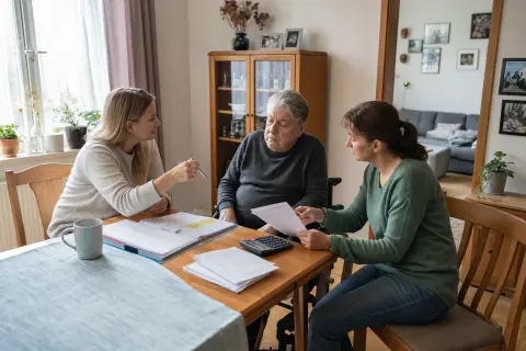 „Familienentlastender Dienst – Kosten“: Eltern und eine Fachberaterin besprechen zu Hause die Unterstützung eines pflegebedürftigen Kindes.