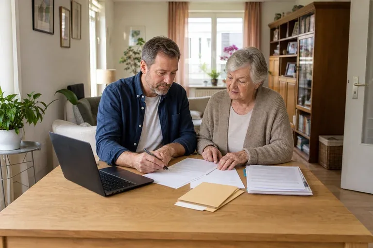 Familienpflegezeit – Antrag „Familienpflegezeit – Antrag“: Eine pflegende Angehörige prüft Unterlagen zur Vereinbarkeit von Beruf, Absicherung und Pflege.