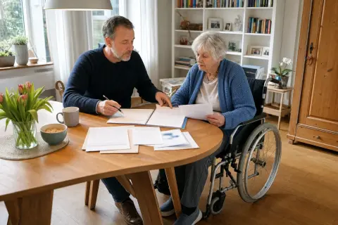 Familienpflegezeit – Fristen „Familienpflegezeit – Fristen“: Eine pflegende Angehörige prüft Unterlagen zur Vereinbarkeit von Beruf, Absicherung und Pflege.