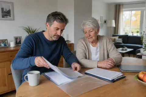 Familienpflegezeit – Unterlagen „Familienpflegezeit – Unterlagen“: Eine pflegende Angehörige prüft Unterlagen zur Vereinbarkeit von Beruf, Absicherung und Pflege.