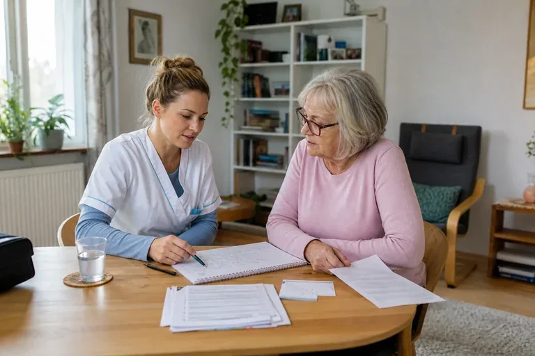 Häusliche Krankenpflege – Fristen „Häusliche Krankenpflege – Fristen“: Eine Pflegefachperson bespricht mit einer pflegebedürftigen Person die weitere Versorgung nach einer Behandlung.
